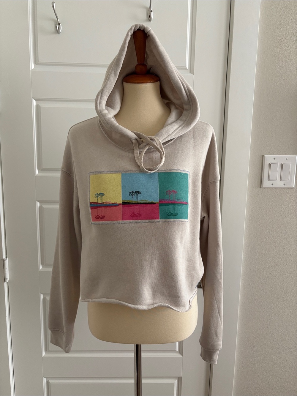 Bella Canvas Cream Cropped Hoodie with Multicolor Beach Panel